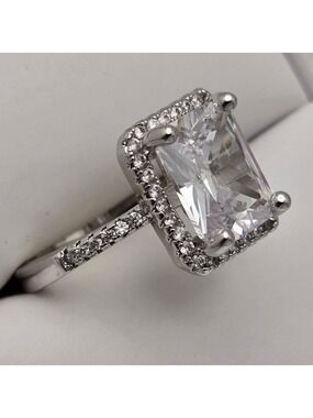Halo Simulated Diamond Engagement Ring Rectangular Crystal Silver Tone Size 6 NE